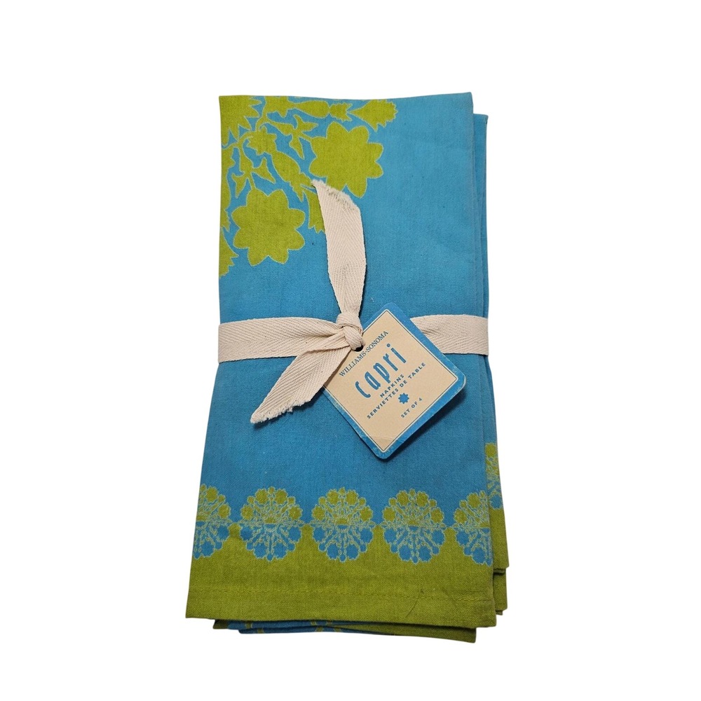 VTG Williams Sonoma Capri Cotton Napkins Set of 4 Blue Green Floral Medallion